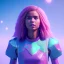 Placeholder: A portrait of a crystalised girl,smiling, longs hairs, atmospheric, realistic, cinematic lighting, octane render, pink turquoise light, 8k, , galactic atmosphere