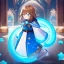 Placeholder: Clear focus, High resolution, A anime teen, cute, rough line skecth, star around kid, sparkling eyes, medium fluffy brown hair, blue sparkling eyes, 1girl (solo), wearing a blue snow cloak and a white shirt, epic battle stance, (((Full body)))