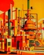 Placeholder: An orange colored mechanical factory with arrows painted by Wassily Kandinsky