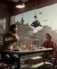 Placeholder: Realistic scene, American shot view, 0 gravity, levitating man and woman sitting in cafeteria and having breakfast, Wes Anderson, fly, floating, soft color, highly detailed, unreal engine 5, ray tracing, RTX, lumen lighting, ultra detail, volumetric lighting, 3d, finely drawn, high definition, high resolution.