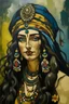 Placeholder: Portrait of Egyptian goddess in turban and long black hair, heavy makeup and loads of jewellery painted by brush in style of Paul Gauguin