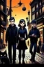 Placeholder: Design a book cover for fantasy criminal story. One teenage girl and two boys are on the town street. Black Cat as a company. The book is for teenagers. Modern style. Bakery in the background