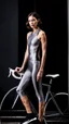 Placeholder: photography of a beautiful anorexic woman, grey satin triathlon top, brunette wavy bob haircut, flat chest, grey satin cycling leggins