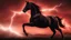Placeholder: full silhouette of a horse rearing up(outlined by lighting), plus red sky with lightning bolt of electricity traveling (from top right to bottom left), speed force