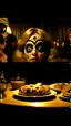 Placeholder: Spooky, ultra realistic distress, dining, ultra realistic hot woman, nose, giant eye on a table, organic hot bondes, dynamic, anguish, excited and lively scene, hypermaximalist figures, Creepy the Ring Alfred Hitchcock, Sam Raimi, insanely detailed, sinister, John Carpenter, Dario Argento, ornate