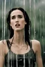 Placeholder: Beautiful 25 year-old Jennifer Connelly is standing outside in a rain shower with no rain-coat, umbrella, or hat on, with her head tilted up to the sky, her tongue sticking out and catching raindrops, as if reliving a childhood memory.