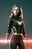 Placeholder: retro portrait image from 1960, explosion background, wind, long hair, young Scarlett Johansson, classic black tight lycra suit, metal stick weapon, gold bracelet and belt, high heel boots, soft color, highly detailed, unreal engine 5, ray tracing, RTX, lumen lighting, ultra detail, volumetric lighting, 3d, finely drawn, high definition, high resolution.