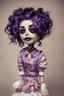 Placeholder: full color, illustration of a darkpurple and gold tones, menacing, Singer Melanie Martinez face, as a decayed, broken, crude homemade cloth doll toy, with a narrow cracked porcelain face, thick dark eyebrows, hair in two gradually, made from ragged strips of cloth, in the style of Alex Pardee, Tim Burton, and Nadya Sheremet