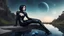 Placeholder: fantasy photo of a woman in an android looking catsuit, with black hair, sitting on a ledge over a pond, wearing an android-looking catsuit, sideways, with a planet behind her