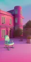 Placeholder: Snoop dogg, sitting. a chair. pink houses, pink sky, pink smoke, trees, outdoors. Groove street. 28mm