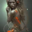 Placeholder: A beautiful portrait of a cute cyberpunk woman happy with lot's of grain and irregularities on her skin, alphonse mucha and Hans Ruedi Giger style, tribal tatoos, orange color scheme, high key lighting, volumetric light high details with white stripes and feathers full length clean art NFT, soft lighting, soft pastel gradients, high definition, blender 3d cinematic, op art, visionary art, sacred geometry, fractal, white balanced,