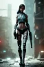 Placeholder: beautiful gun hold girl robot, post-apocalyptic in a cyberpunk city, realistic, intriacte detail, sci-fi fantasy style, volumetric lighting, particales,highly detailed,cinamatic, deep