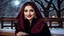 Placeholder: Hyper Realistic Photographic View of a Young Beautiful Pashto Woman with beautiful eyes & lips in black-velvet-dress-with-maroon-embroidery-&-black-velvet-shawl, Smiling having Dimples on her cheeks & sitting on a fancy-wooden bench in a-park with an old-thick-tree & moonlight-rays at dark-heavy-snowfall-night showing dramatic & cinematic ambiance.