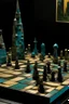 Placeholder: A dark grayish teal shadowy chess themed city at nighttime designed in in Javanese shadow puppets painted by Paul Klee