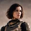 Placeholder: beautiful sexy caucasian female soldier, black metal body and limbs, visible cybernetic limbs, scratched sand camo, no armor, short brunette wavy bob haircut, dystopian, desert scene
