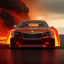 Placeholder: wide view of detailed phong shaded rendering of a car made of molten lava, headlights, bumpers