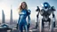 Placeholder: A full-body photograph of a young, slender woman with blond shoulder-length hair in a sleek blue jumpsuit, with an android in a huge metal exosuit with a helmet standing guard beside her, standing in a futuristic cityscape with advanced spacecraft behind them.