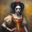 Placeholder: a Hideous, horrifying, frightening black-haired female Zombie Snow White, wearing a red leather sling suit with a gold/yellow bat emblem on the waist, dark, multicolored watercolor stained wall in the background, oil painting in the art style of Gilbert Stuart, 32k UHD, Hyper realistic, photorealistic, realistic, sharp, highly detailed, professional quality, beautiful, awesome, majestic, superb, trending on artstation