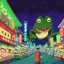 Placeholder: Night scene. A frog smiling, smiling with teeth, happy. Night Scene. Colorful Market. Dark. Black. festival lights. Festival. Market. Japanese lanterns. sparkle. Bokeh, Fisheye. Distorted. party. confetti. playful. Saturated.