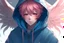 Placeholder: An anime man with messy short pink hair and narrow blue eyes wearing a hooded jacket. He has feathered wings. Realistic.