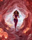 Placeholder: make a video pretty crystal cave covered with jewells and CIFI jewell lights and 3d recursive cubic and sphere base pearls and a beautiful fashion model lady with cute,curvy hair,makeup, in pretty sports suit is running inside cave ,dynamic camera fallow her inside cave capturing full body, dynamic lights.