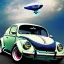 Placeholder: blimp vw-beetle hybrid, retrofuturistic, phototrealism, in flight, one subject,