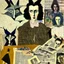 Placeholder: paper collage of a surreal portrait, newspaper pages and wallpaper, background patterned wallpaper, by artist "Leonora Carrington"