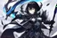 Placeholder: Anime girl with short black hair and sharp green eyes holding a spear. Black and white metal armour