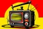 Placeholder: cartoon-looking black and red vintage radio with an antenna sticking out from the top of it. yellow dominates the entire background of the photo.