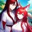 Placeholder: Clear focus, 8k, beautiful lighting, vibrant colors, fox girl, red hair, long hair, white eyes, miko, tail, smile,