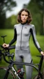 Placeholder: photography of a beautiful anorexic woman, grey satin triathlon top, brunette wavy bob haircut, flat chest, grey satin cycling leggins