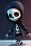 Placeholder: a cute animation boy, skateboarding , trendy hoody, 8 k, tim Burton skeleton style from the movie "night before Xmas", realistic animation, gothic