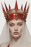 Placeholder: lady in red veils her face and has a large golden spiked crown, in the style of celestial fasion, otherworldly beauty, davide sorrenti, celestialpunk, album covers, fra angelico, aykut aydogdu, queencore, golden age aesthetics --s 750 --v 6. 0 --ar 10:13