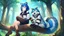 Placeholder: 5Girl, blue hair, raccoon ears, raccoon tail, raccoon face, forest, sit on tree, raccoon paws on hand, paws on foot,