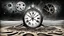 Placeholder: Pale gray summer beach cold, gray, fine mist. An antique clock in the sand shows exactly midnight, black lunar eclipse in the dark sky, endless cosmos with melting stars, cracked and broken sunglasses in the sand reflect the lunar eclipse, midnight, dark, surreal mood, mixed media image, realistic photo with ink, mystical abstract reality