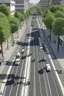 Placeholder: birds eye view of a street with one way traffic, a cycle lane and a pth