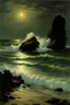 Placeholder: Night, sea, waves, rocks, sand, seashore, epic, auguste oleffe and friedrich eckenfelder impressionism paintings