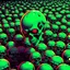 Placeholder: mars attacks a field of 1000s of cartoonish, anatomically correct, skulls, vivid RANDOM BRIGHT neon colors, dark comedy, well lit, high detail, photorealistic, horrorcore, fun, scary, none featured, each a different color or hue,