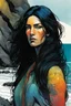 Placeholder: create a closeup front facing, full body print illustration of a raven haired female Salish shaman with finely detailed hair and feminine facial features, along the rocky shore of Vancouver Island , in the comic book art style of Bill Sienkiewicz, Mike Mignola, and Jean Giraud Moebius, finely textured, drawn, colored, and inked, suffused with dramatic natural light, chiaroscuro