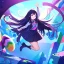 Placeholder: Clear focus,High resolution, Black long straight hair, and purple eyes, wearing a skirt,with stocking, with long boots on, Happy, Jumping, Teen, Background is a very colorful and happy theme park