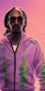 Placeholder: Snoop dogg. a chair. pink houses, pink sky, pink smoke, trees