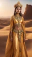 Placeholder: a regal nomad queen adorned in golden attire, standing amid a vast desert. Pay attention to the details of her intricate jewelry, flowing garments, and the warm hues of the desert landscape.