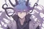 Placeholder: anime man with ram horns, fangs, messy purple hair and blue eyes