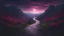 Placeholder: underworld background, dark purple sky, dark purple, no person, a person's point of view, dark color, dark red, mountain, tree, weeds, road in the center, riverside in the side