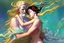 Placeholder: colourful digital painting of beautiful aphrodite full body embracing old man, in the style of hokusai and van gogh