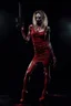 Placeholder: 12k ultra-high-definition rendering of a zombie model in a photo studio ,The zombie, adorned in a red ripped tight dress, ripped sideways from top to bottom, long slit, shoes are fashionable platforms, big gun on side thigh, exudes a sinister aura under the studio's dark and mysterious lighting