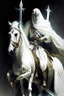 Placeholder: An Arab warrior holding two swords, sitting on horseback, wearing a white robe, strong, mysterious, frightening, fantasy, high quality