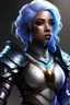 Placeholder: female air genasi from dungeons and dragons, white blue hair, wind like hair, woman of color, chain mail and hot leather clothing, cleric, realistic, digital art, high resolution, strong lighting, blue and purple coloring