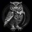 Placeholder: Detailed art of a full length picture of a proud owl, with lines with distance between them and the contrasting dark and light, wave like, Bw, full body, purple eye's, logo design, circular