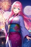 Placeholder: girl, masterpiece, best quality, cinematic lighting, detailed outfit, vibrant colors, perfect eyes, long hair, pink hair, blue eyes, kimono, fireworks, laughing, town,